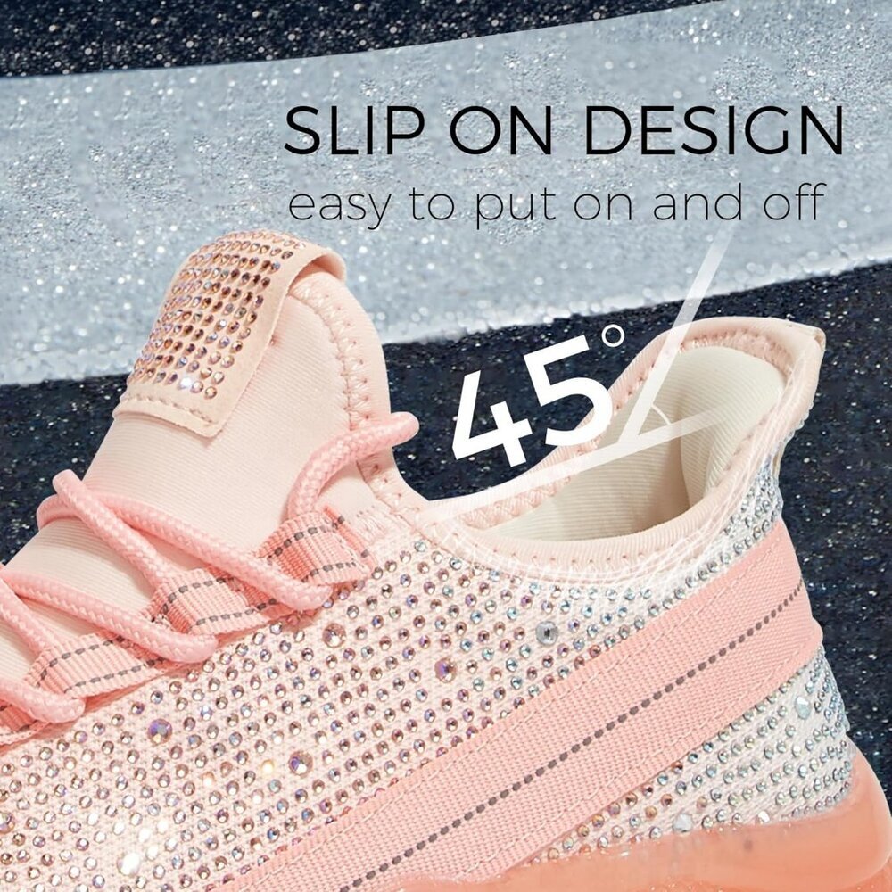 Women's Nude Rhinestone Mesh Slip On Walking Breathable Spakle Glitter Sneaker - Picture 4 of 9